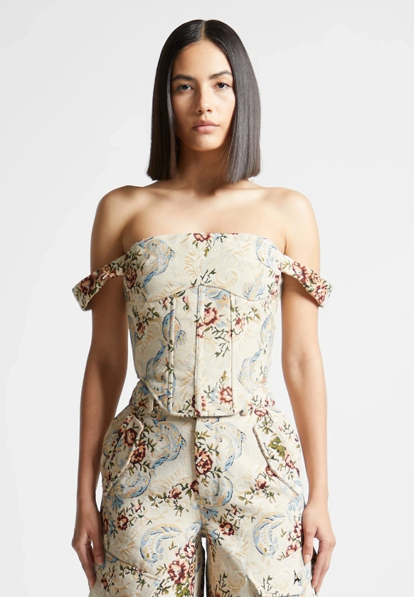 Floral Jacquard Bardot Corset Top-Beige