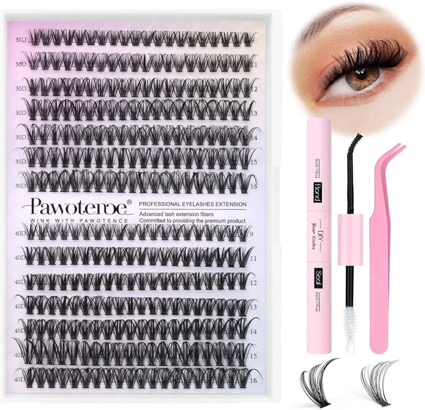 Pawotence Lash Extension Kit DIY 280pcs Lash Clusters Eyelash Extension Kit, 9-16mm Mix 30D 40D Curl Individual Lashes Kit with Lash Bond and Seal Lash Tweezers for Self Use(30D&40D-0.07D-9-16MIX KIT)