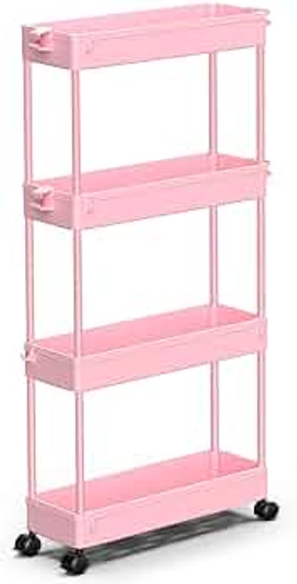 SPACEKEEPER Slim Rolling Storage Cart 4 Tier Bathroom Organizer Utility Cart Mobile Shelving Unit Tower Rack for Kitchen, Laundry Room, Bathroom, Narrow Places, Pink