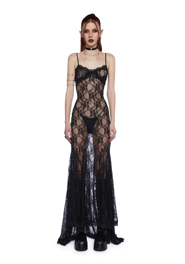 Widow Goth Sheer Stretchy Lace Maxi Dress - Black