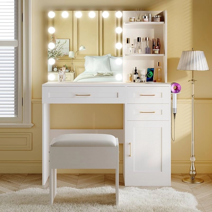 WXBOOM Vanity Desk with Mirror and Lights, 37" Vanity Desk with Bulbs & Power Outlet, 3 Colors Lighting Adjustable Brightness, Makeup Vanity Desk with Cushioned Chair and Cabinet, 3 Drawers, White