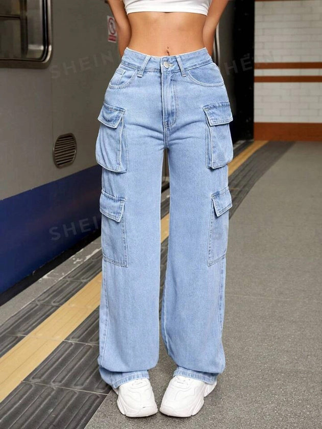 SHEIN EZwear High Waist Flap Pocket Side Cargo Jeans