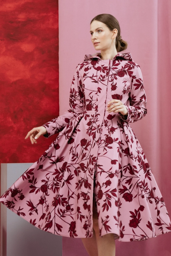 Fitted and Flared Coat with Pleated Skirt in Pink and Red | 'Peony Bloom'