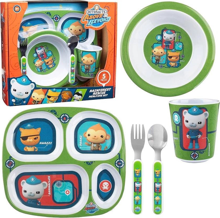 Octonauts 5 Pcs Mealtime Divided Plate Feeding Set for Kids & Toddlers-Rainforest Rescue- Includes Multi-Compartment Plate, Bowl, Cup, Fork & Spoon Utensils-Durable, Dishwasher Safe, BPA Free