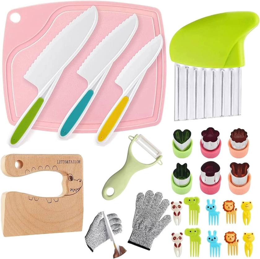 Kids Cooking Set - 24 Piece Wooden Kids Kitchen Knives, Kids Knife Set with Wooden Knife, Vegetable Cookie Cutters, Plastic Toddler Knife, Crinkle Cutter, Y Peeler, Chopping Board (Crocodile)…