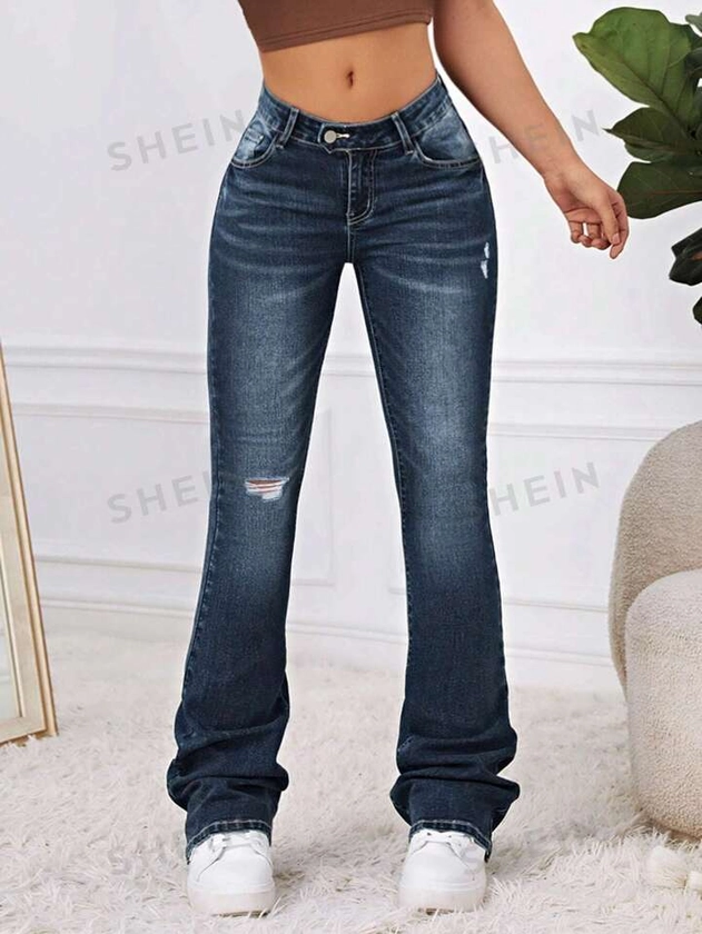 SHEIN EZwear Ripped Flare Leg Jeans