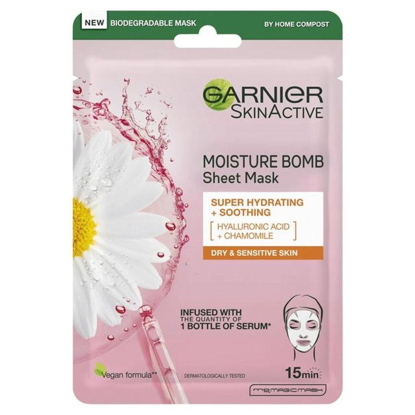 Garnier Moisture Bomb Camomile Hydrating Face Sheet Mask for Dry and Sensitive Skin 32g | Sainsbury's