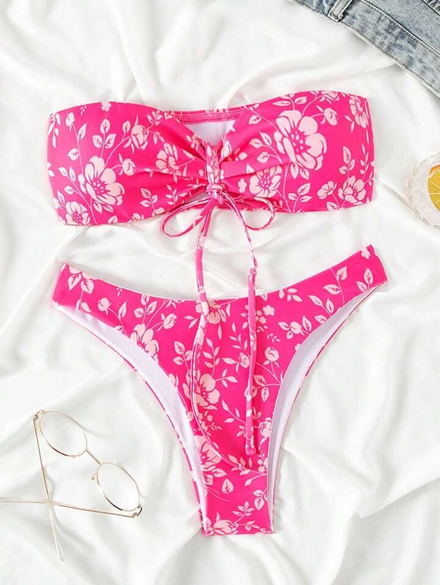 SHEIN Swim Summer Beach Floral Print Drawstring Bandeau Bikini Swimsuit | SHEIN