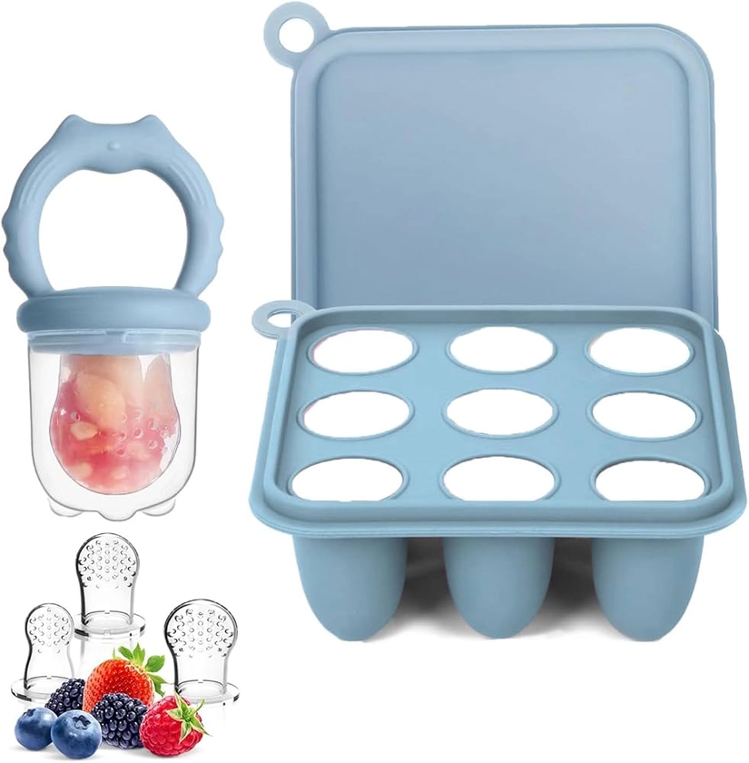 WeSweet Silicone Baby Fruit Food Feeder & Baby Food Freezer Tray Set, Milk Popsicle Molds for Baby Teething Relief, Baby Food Pacifier Feeder for Self Feeding, Include 3 Sizes Food Pouch