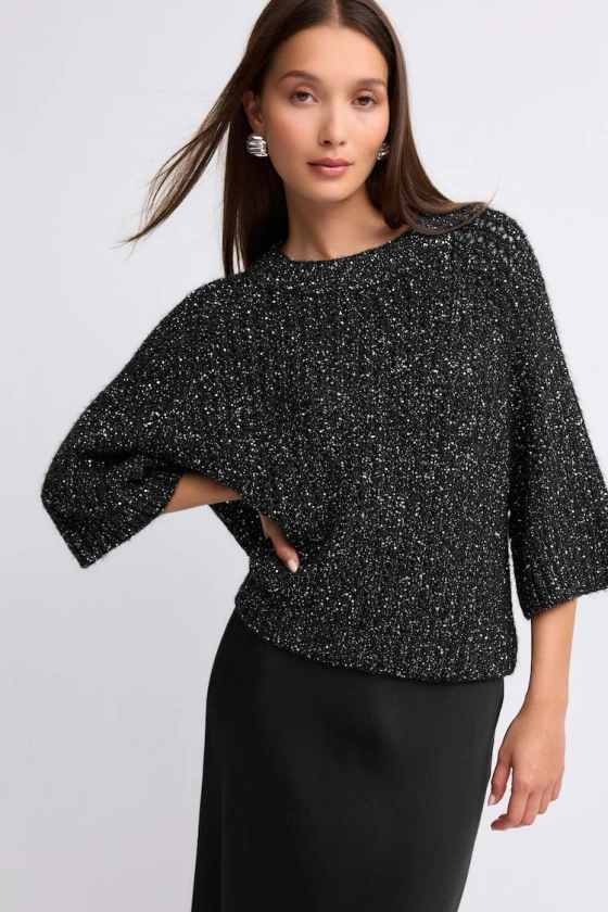 Buy Black Sparkle Sequin Mesh Knitted Half Sleeve Jumper from the Next UK online shop