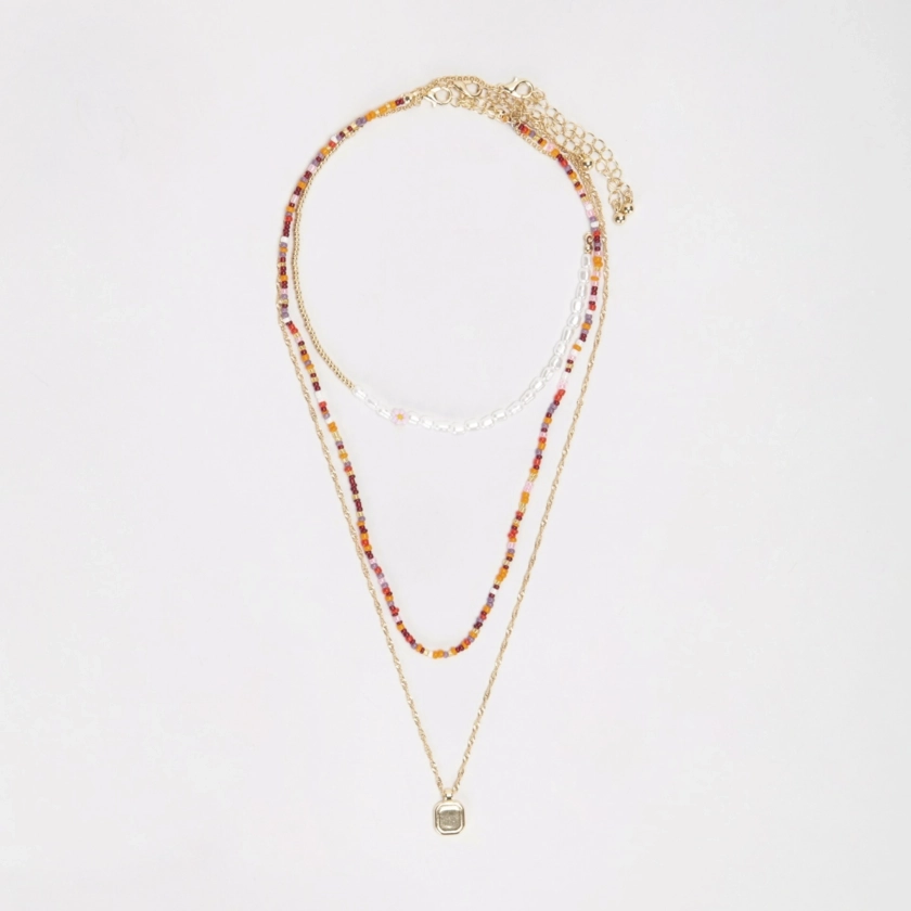 Thin Beaded Necklace - Gold Tone