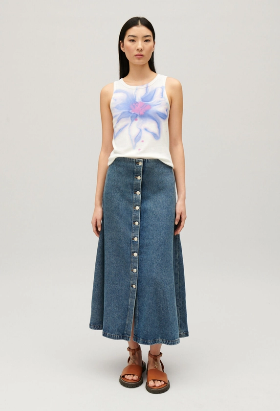 Blue denim midi skirt