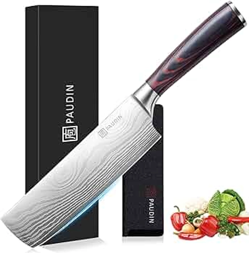 PAUDIN Nakiri Knife - 7" Razor Sharp Meat Cleaver and Vegetable Kitchen Knife, High Carbon Stainless Steel, Multipurpose Asian Chef Knife for Home and Kitchen with Ergonomic Handle