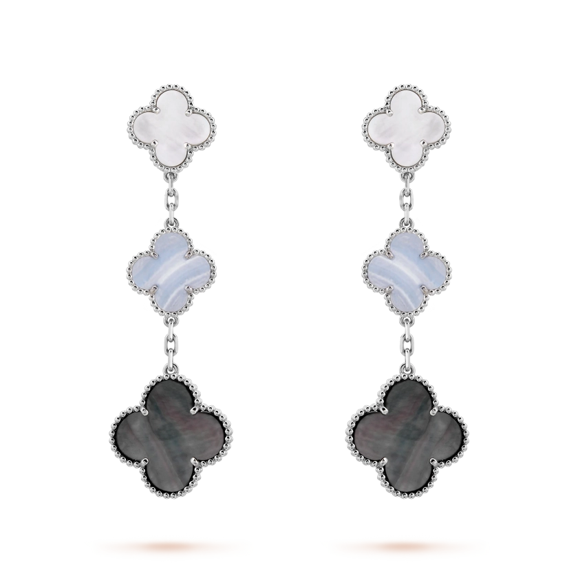 Magic Alhambra earrings, 3 motifs 18K white gold, Chalcedony, Mother-of-pearl - Van Cleef & Arpels