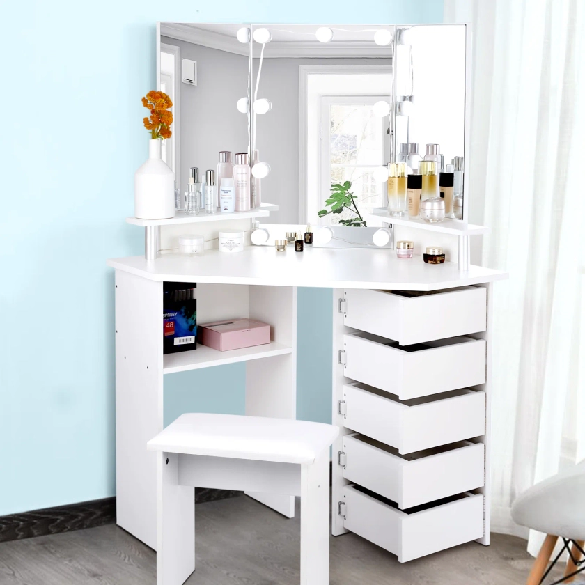 Vanity Set With Stool, 5 Rorating Drawers And Mirror