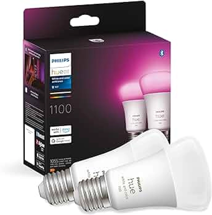 Philips Hue White & Color Ambiance, ampoule LED connectée E27,Equivalent 75W, 1100 lumen, Compatible Bluetooth, Pack de 2, fonctionne avec Alexa, Google Assistant et Apple Homekit, Teinte-blanc