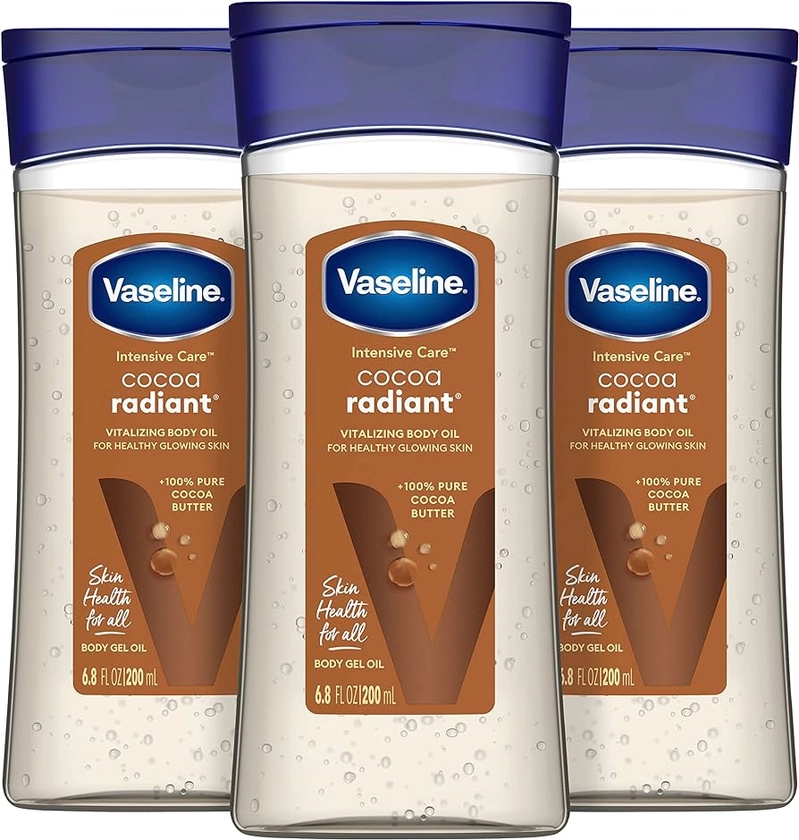 Vaseline Intensive Care Cocoa Radiant For Glowing Skin 3 Count Body Gel Oil Body Oil Made with 100% Pure Cocoa Butter + Replenishing Oils 6.8oz