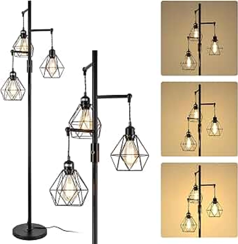 Rayofly Industrial Dimmable Floor Lamps, 3-Lights Vintage Standing Lamp with Diamond Cage lampshades, Black Metal, E27 LED, Tall Tree Floor Lamp for Living Room, Dining Room, Bedroom, Corner, Sofa