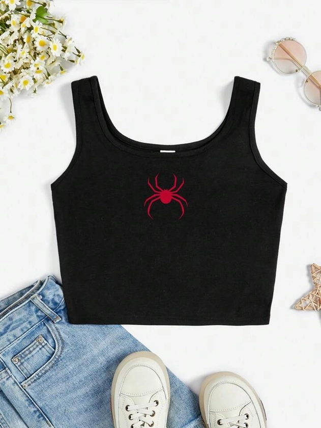 Tween Girls' Casual Simple Spider Pattern Sleeveless Tank Top With Round Neckline, Suitable For Summer
