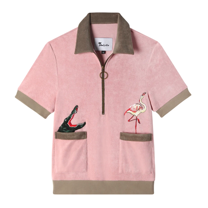 'Flamingo Tartare' Terry Cloth Cabana Shirt