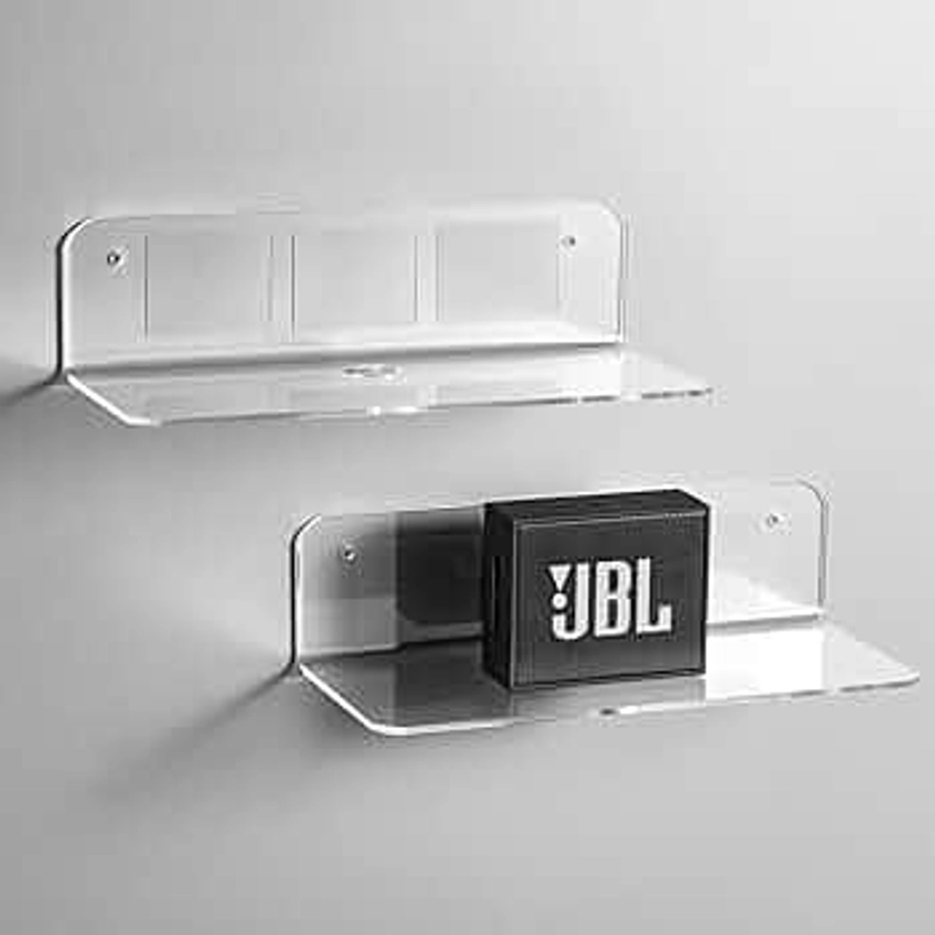 OAPRIRE Clear Acrylic Floating Shelves Set of 2 with Cable Clips - Easily Expand Wall Space - Small Wall Shelf with Strong Adhesive for Bathroom, Bedroom, etc