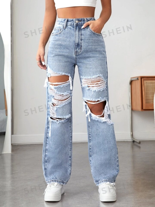 SHEIN PETITE Zipper Fly Ripped Straight Leg Jeans