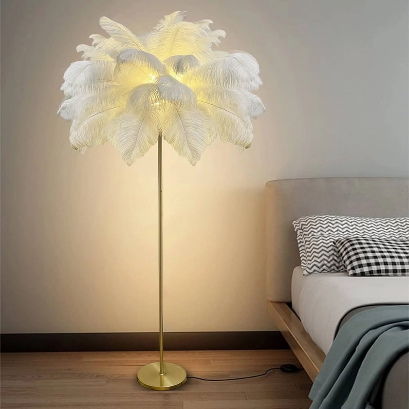 Lampadaire Plume Naturelle LED 160cm - Idéal Pour Salon Et Chambre Moderne - Inclus Corps De Lampe Dorée Et Ampoule LED G4 * 4 (Blanc)