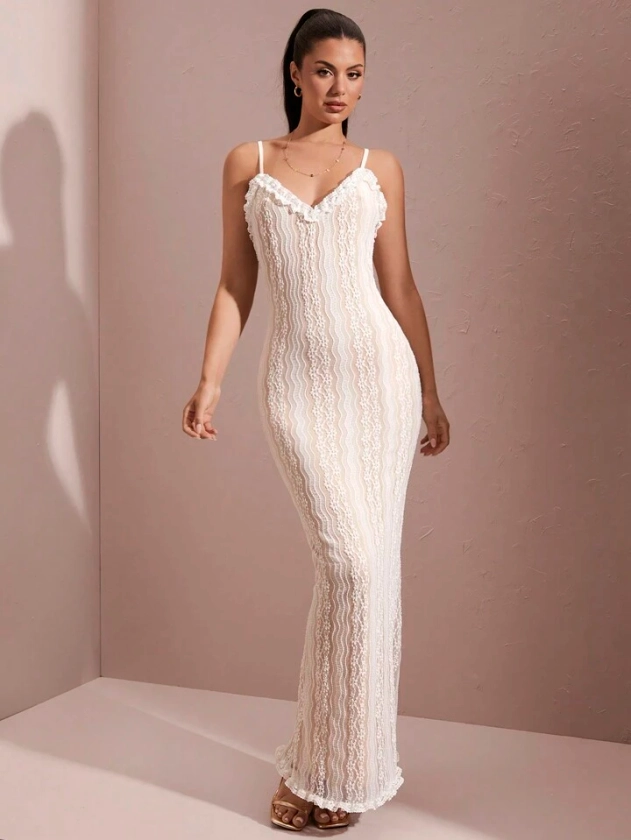 SHEIN BAE Summer White Lace Trimmed Spaghetti Strap Long Dress For Women, Sexy Elegant Sweet Beach Vacation Dress