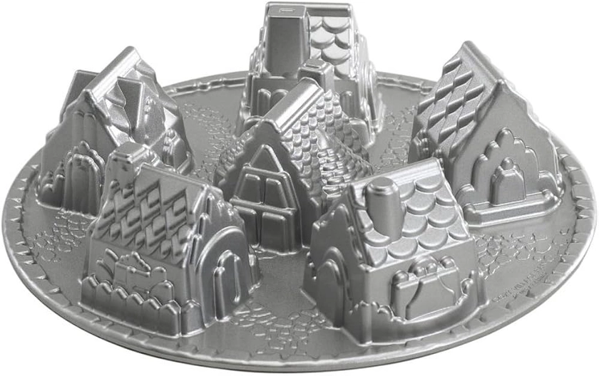 Nordic Ware Cosy Village Cake Pan, Village Shaped Cake Mould Tray, Cast Aluminium Cake Tin, Muffin Tray for Six Small Houses, Made in the USA Colour: Silver