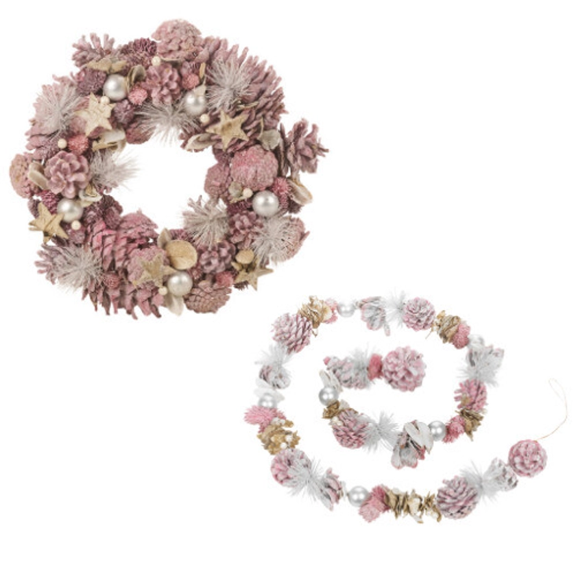 (Pink, 34cm) Festive Christmas Pinecone Garland & Wreath Set on OnBuy