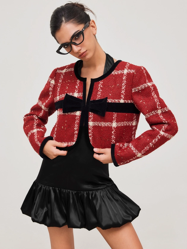 Tweed Round Neckline Bowknot Jacket