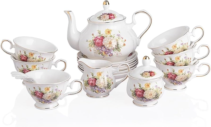 Sweejar Home 21-Pieces Porcelain Tea Set, Vintage Floral Gift Tea Set, Tea Service for Adults, with Teapot, Sugar Bowl, Creamer Pitcher and Spoons, for Tea/Coffee, Suitable for Party（Rose Flower）