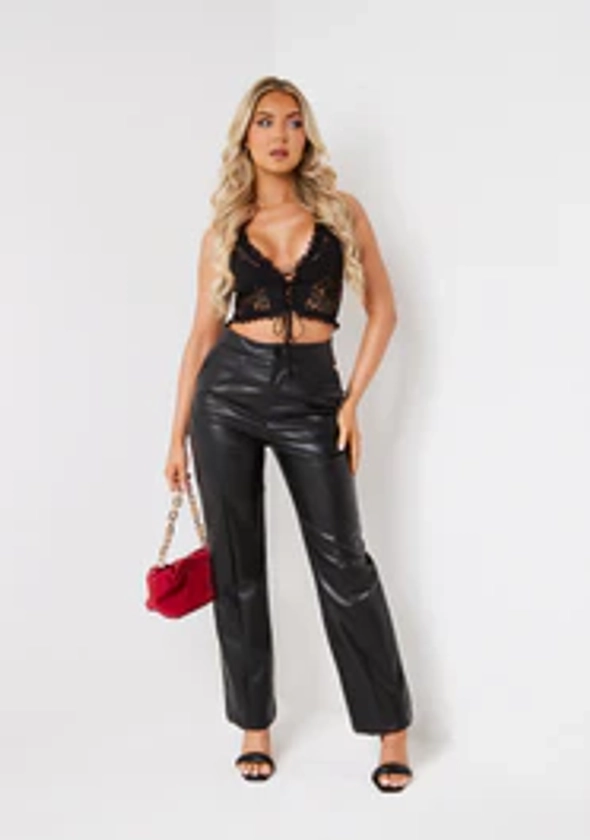 Anisa Black Seam Detail Faux Leather Trousers | Women's PU Pants | MissyEmpire