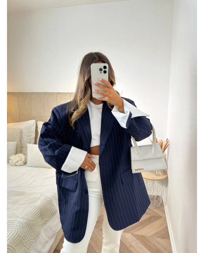 Blazer retroussé rayé bleu