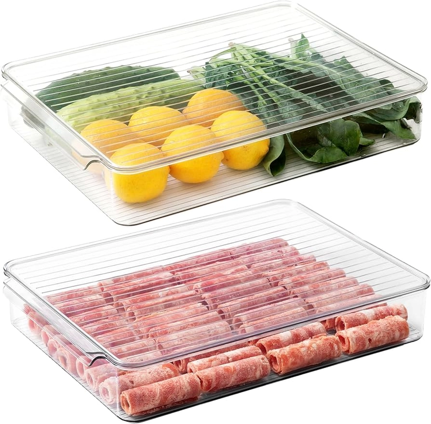 Amazon.com: vacane 2 Pack Refrigerator Organizer Bins,Food Storage Container with Lids for Fruit, Vegetables, Bacon Meat Cheese Keeper Marinade Tray, Stackable Freezer Storage Containers: Home & Kitchen