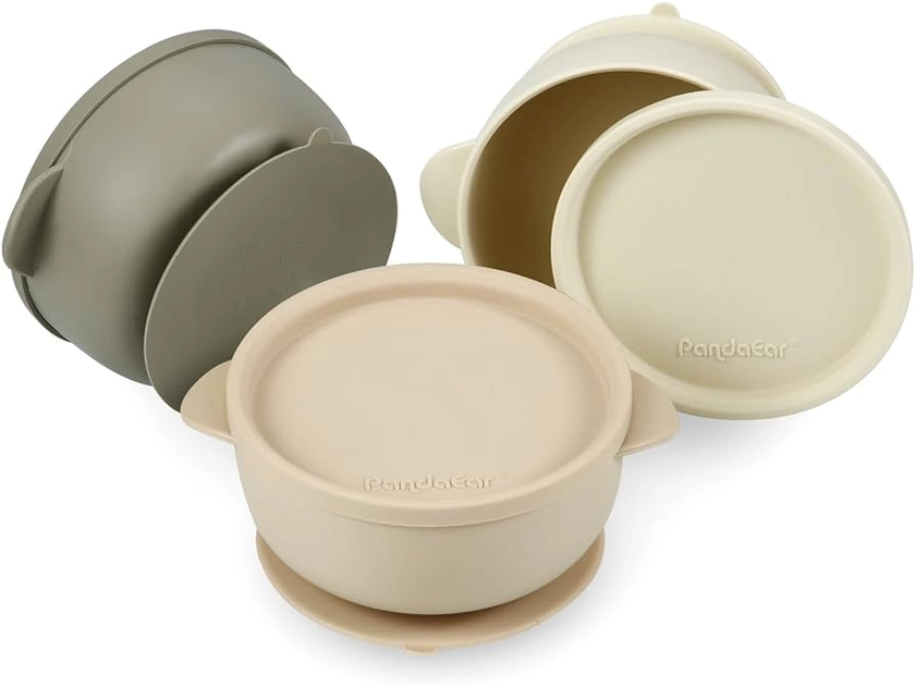 PandaEar 3 Pack Baby Bowls with Suction| Leak-Proof Stay Put Silicone Food Bowl with Lids for Babies Kids Toddlers Infants| Food Grade Soft Safe BPA-Free Silicone (Linen Brown Tan)