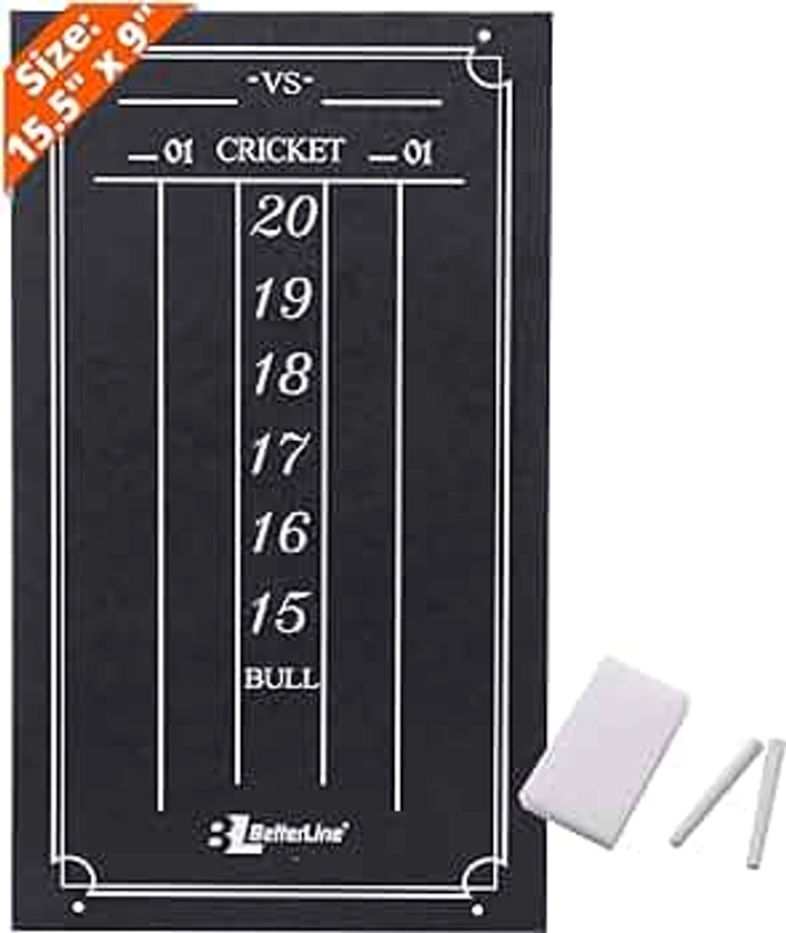 BETTERLINE Large Professional Scoreboard Chalkboard for Cricket and 01 Darts Games - 15.5" x 9" Inch (39.3 x 22.9 cm) - Black Board - Eraser and 2 Chalk Pieces Included