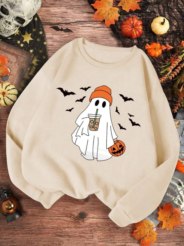 Tween Girl Fall Cartoon Ghost Print Crewneck Long Sleeve Sweatshirt