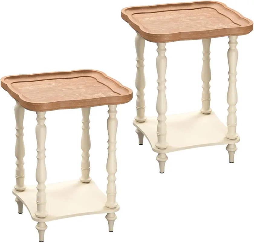 VONLUCE Rustic Farmhouse Cottagecore Accent End Table, 19'' Square French Country Side Table, Distressed Wood Tray Top Rustic Accent Table Set of 2 for Living Room Bedroom Beige