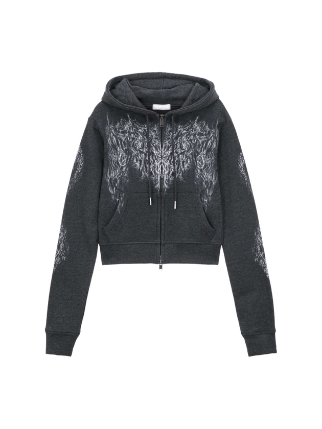 Skully cropped hoodie zip-up (Melange black) - hug your skin