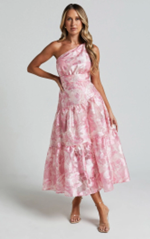 Lettie Midi Dress - One Shoulder Tiered Dress in Blurred Rose