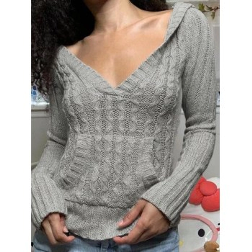 V Neck Hooded Cable Knit Top