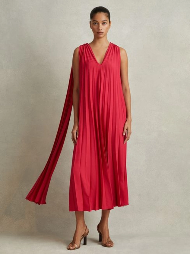 Pleated Cape Sleeve Midi Dress in Coral - REISS