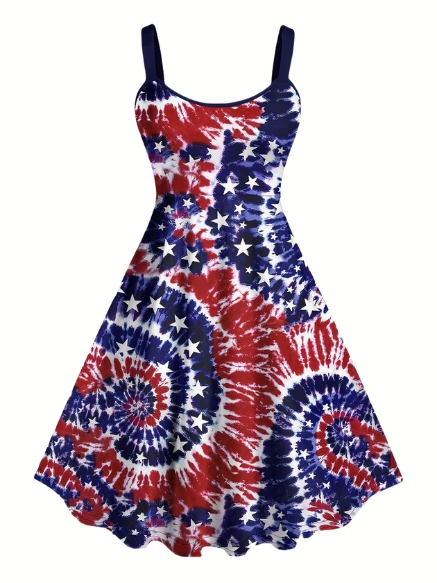 Plus Size American Flag Spiral Tie Dye Print Dress, Elegant Sleeveless Spaghetti Strap Dress For Spring & Summer, Women's Plus Size Clothing