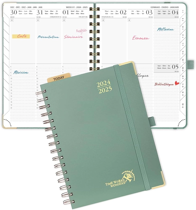 POPRUN Agenda 2024 2025 Semainier 21 x 16,5cm, Planner Vertical Scolaire 17 Mois D'août 2024 à déc 2025 avec Couverture Rigide Spirale, Poche intérieur, Papier Certifié FSC®80 g/m² - Vert Minuit