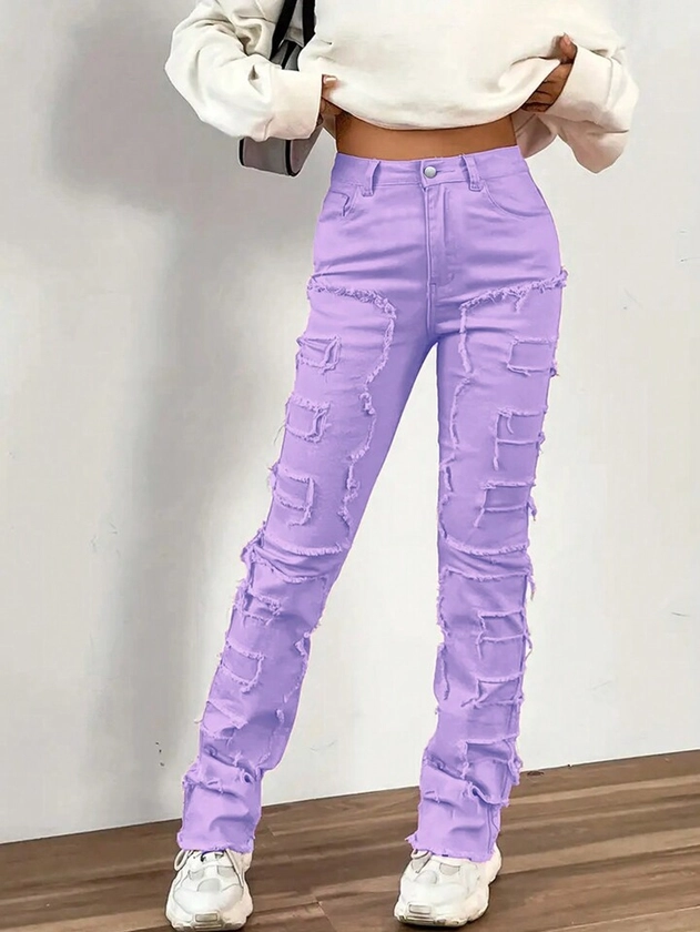 Tween Girl Raw Hem Slant Pocket Casual Straight Leg Jeans