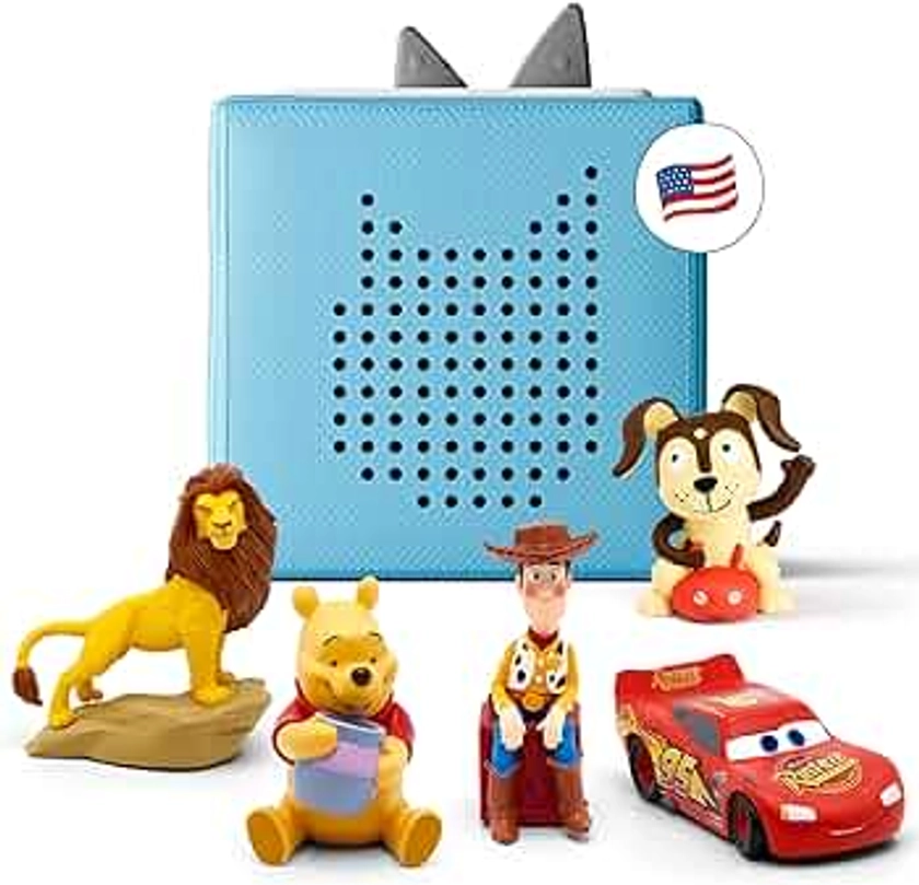 Toniebox Audio Player Starter Set with Woody, Lightning McQueen, Simba, Winnie-The-Pooh, and Playtime Puppy - Listen, Learn, and Play with One Huggable Little Box - Light Blue