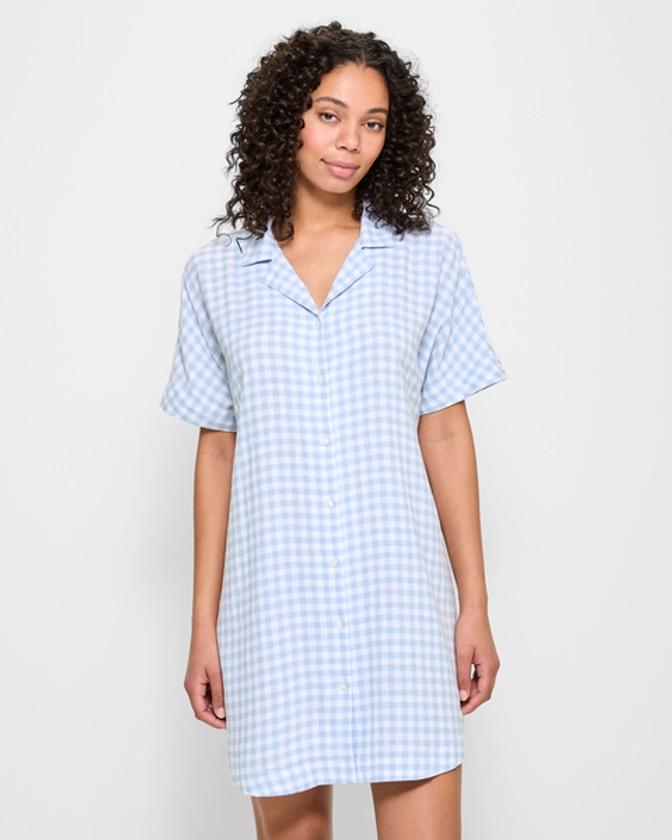 Linen Blend Nightie - Blue Gingham