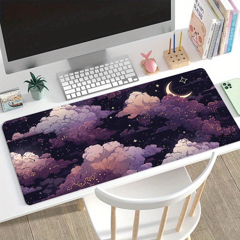 Mysterious Purple Clouds And Moon Large Gaming Mouse Pad, Office Desk Pad Keyboard Pad Computer Mouse Non-Slip Rubber Base Stitched Edges Mousepad For
