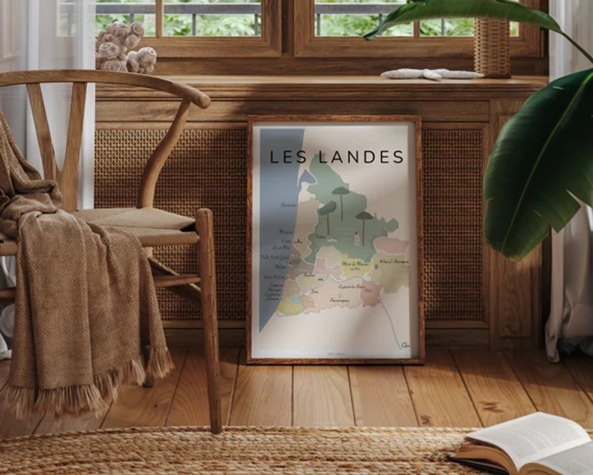 Affiche carte des Landes / Poster vintage Landes / Chalosse / côte landaise / cadeau landais / souvenir / carte postale